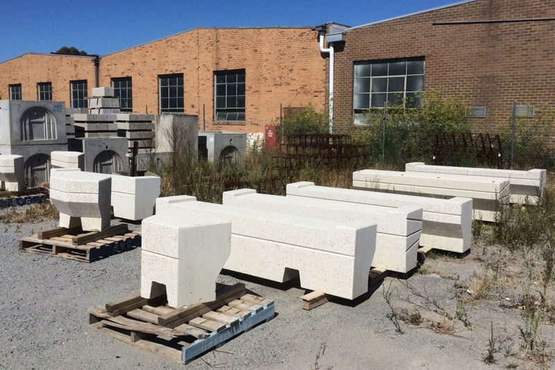 Precast concrete seat modules stacked on pallets