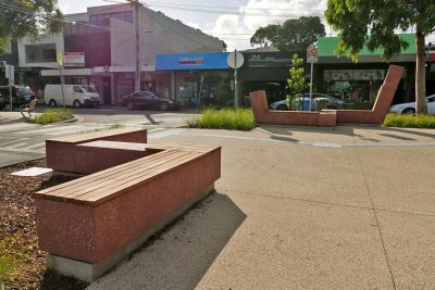 Bold red bench seats in the Beaumaris Concourse Streetscape Upgrade | SVC Urban